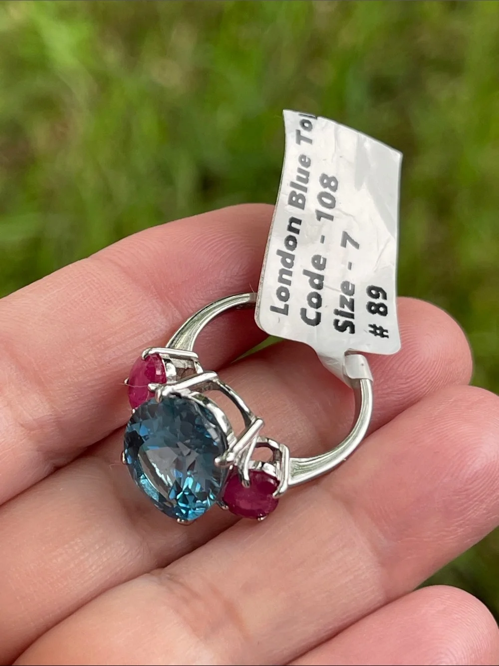 Large Natural Blue Topaz 15x11mm & Ruby Ring in 925 Sterling Silver Size 7